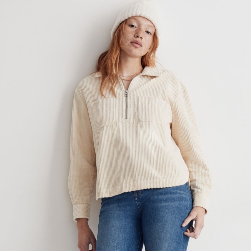 Corduroy Half-Zip Sweatshirt in alabaster NWT